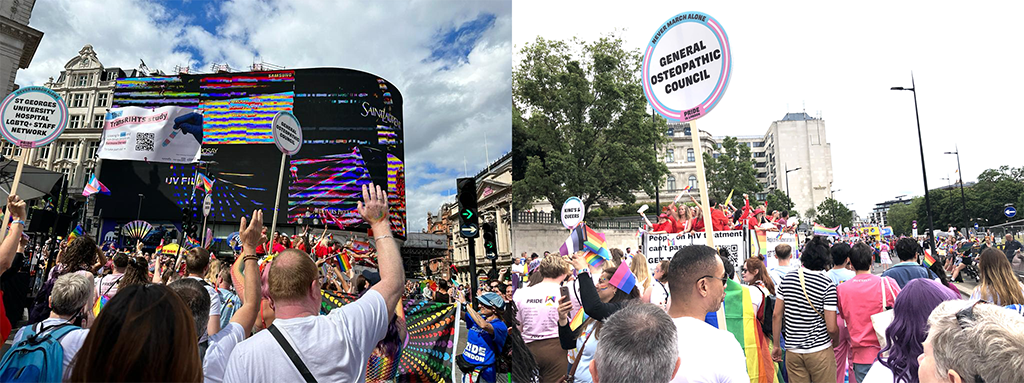 Two images of GOsC attendees at Pride in London holding the GOsC lollypop sign